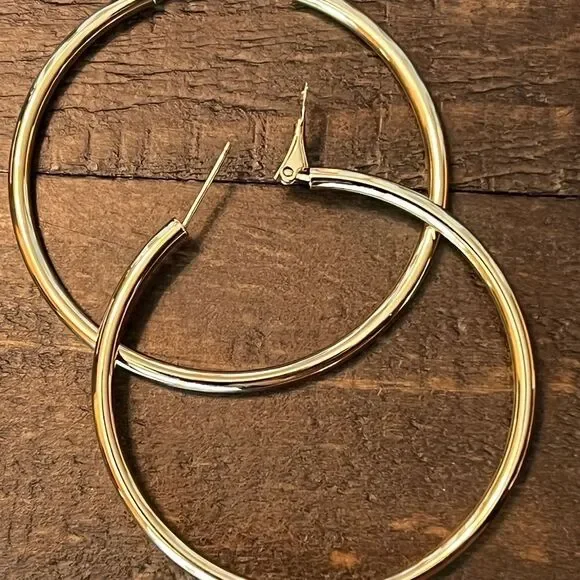 New 14k Gold 3x50mm Polished Round Oversized Omega Back Hoop Earrings